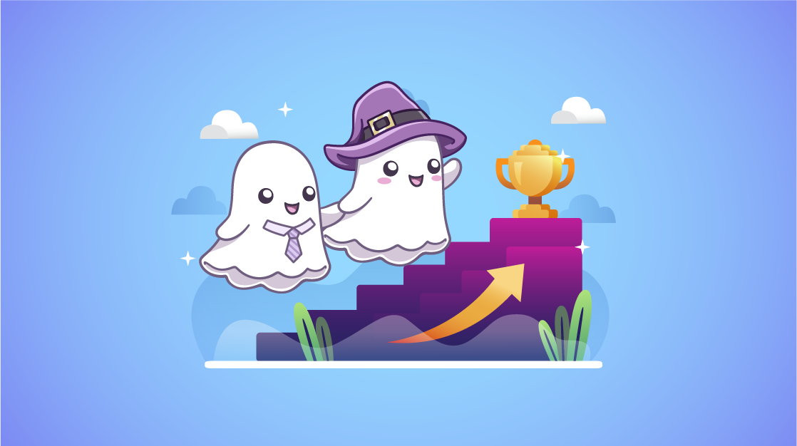 A ghost helping another Ghost reach the top of the stairs and a trophy