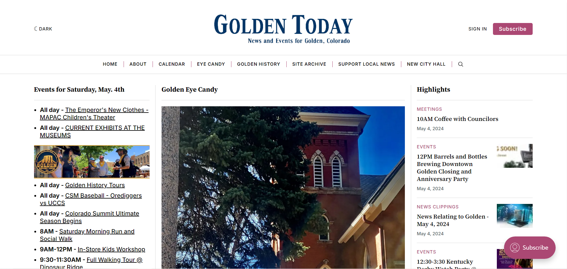 A screenshot of the Golden Today website.