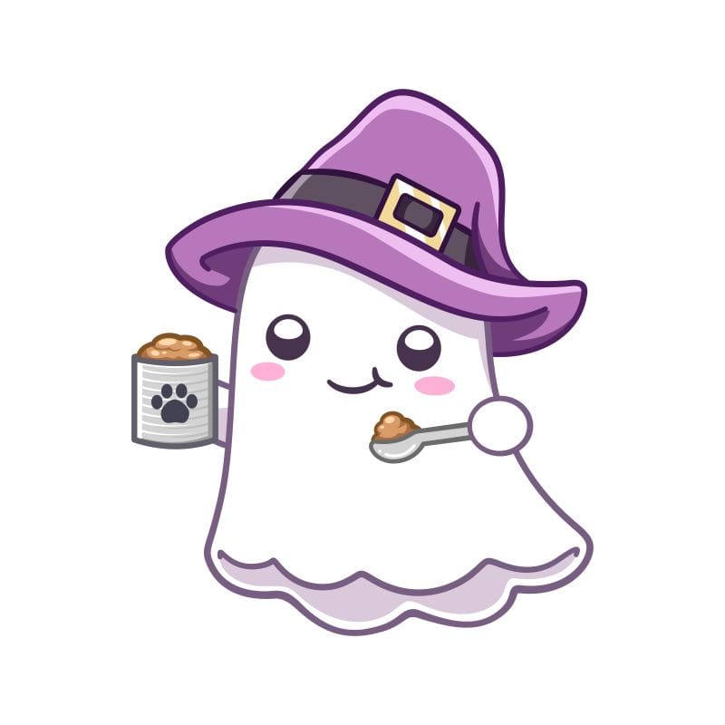 A happy ghost with a spoon full of dog food