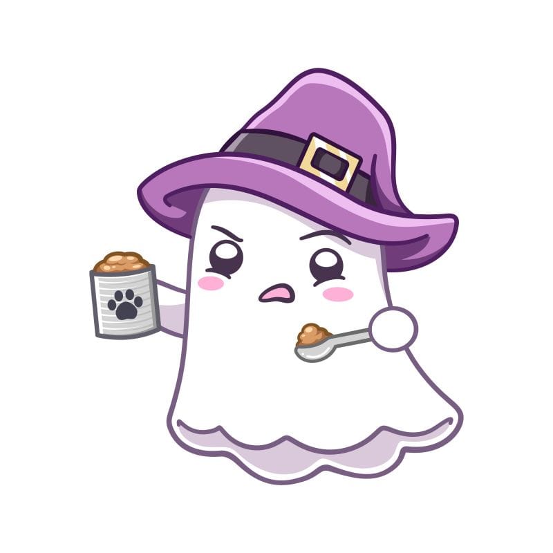 An unhappy and grossed out ghost with a spoon full of dog food