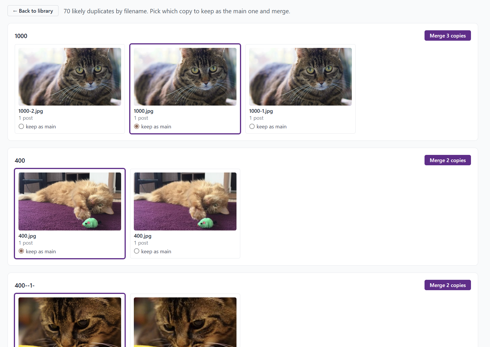 Image of the Image Library user interface, showing multiple identical photos of cats, grouped, with buttons that say "Merge copies".