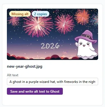 Adding alt text to an image of a ghost in front of fireworks in the night sky. There's a field with alt text, plus a button that says "Save and write alt text to Ghost".