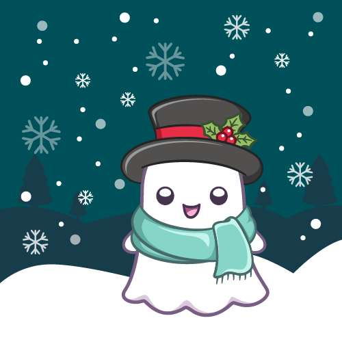 A Ghost in a black stovepipe hat with holly berry decoration, wearing a turquoise scarf. The background has snowflakes and fir trees