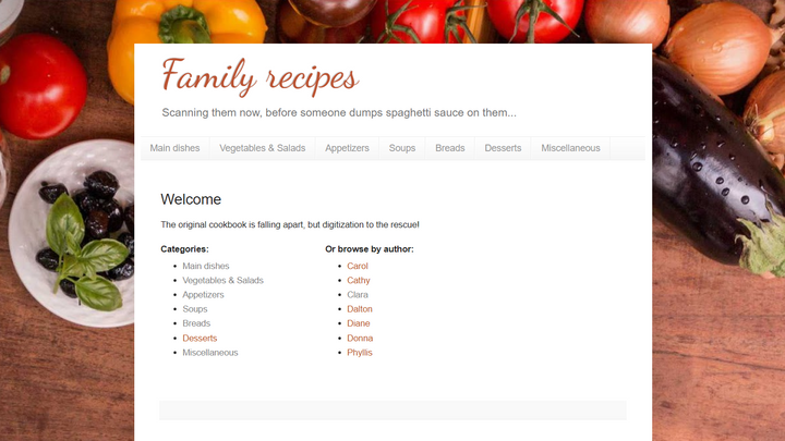 A recipes website called "Family recipes", with fresh produce in the background.
