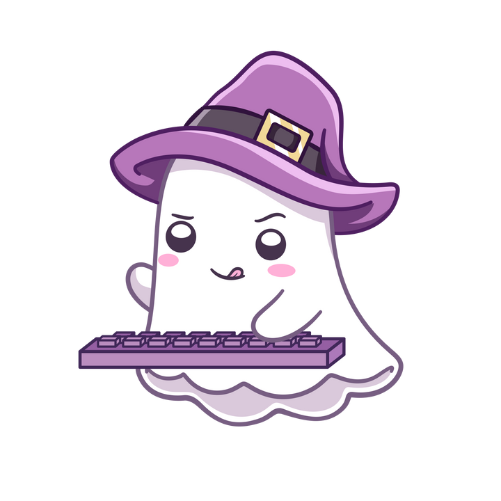 A ghost in a wizard hat, typing on a keyboard.