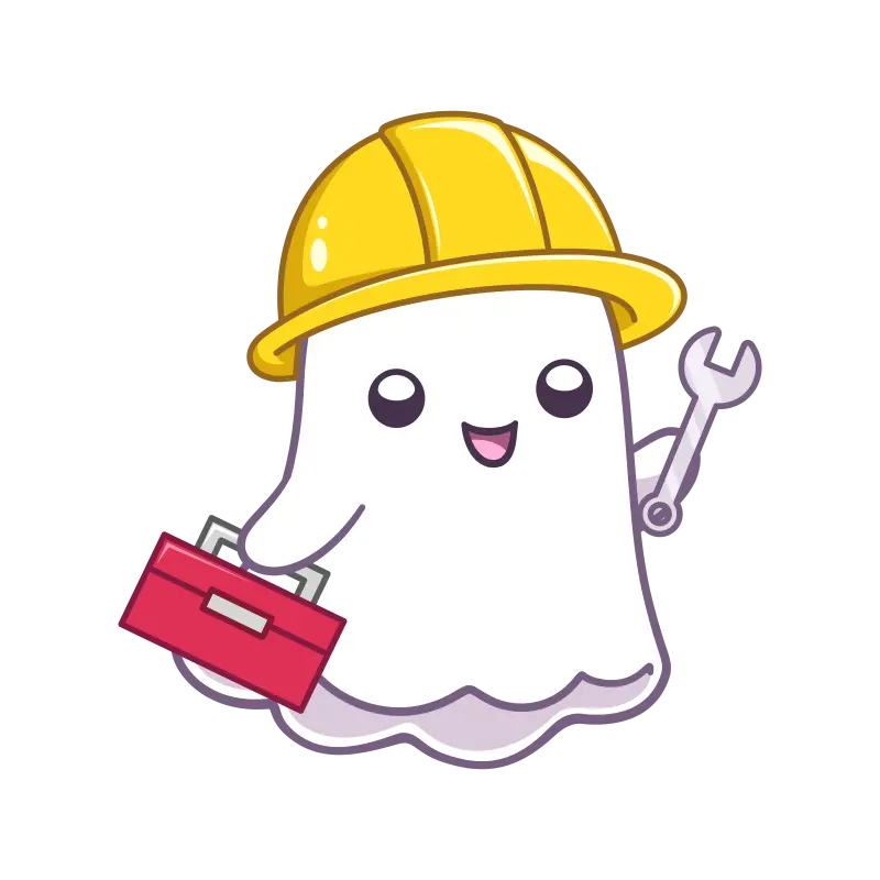 A ghost in a construction hat with wrench and toolbox.