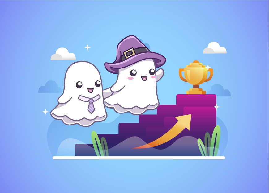 A ghost in a wizard help helps a ghost wearing a tie to reach a trophy cup