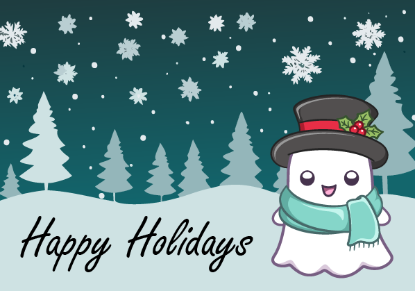 A ghost in a snowman's hat and scarf, in front of a winter night scene.  Snowflakes are falling.  Text: Happy Holidays.