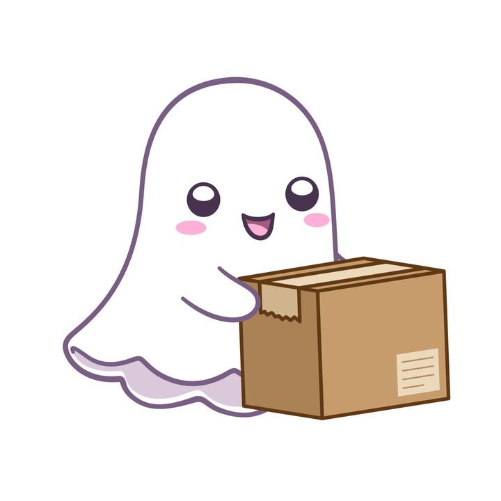 A happy ghost carrying a moving box.