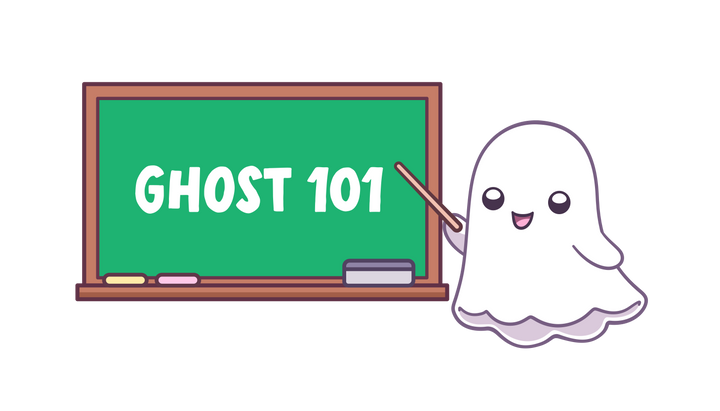 A ghost standing at a chalk board that reads "Ghost 101"