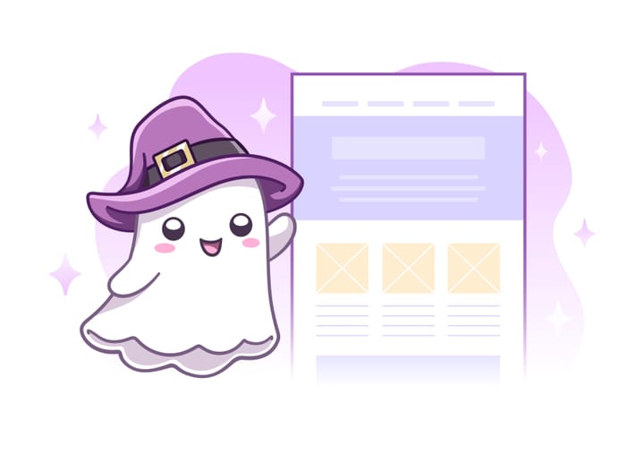 A cute ghost wearing a purple wizard's hat, next to a website mockup.