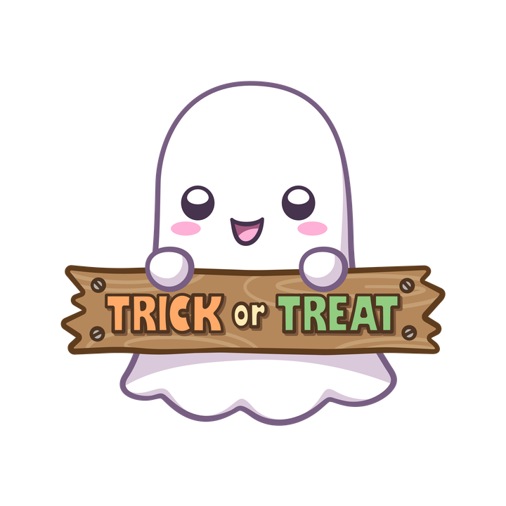 A happy cartoon ghost holds a trick or treat sign.