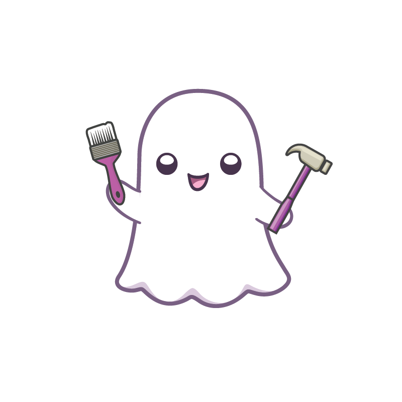A happy Ghost with paintbrush and hammer.