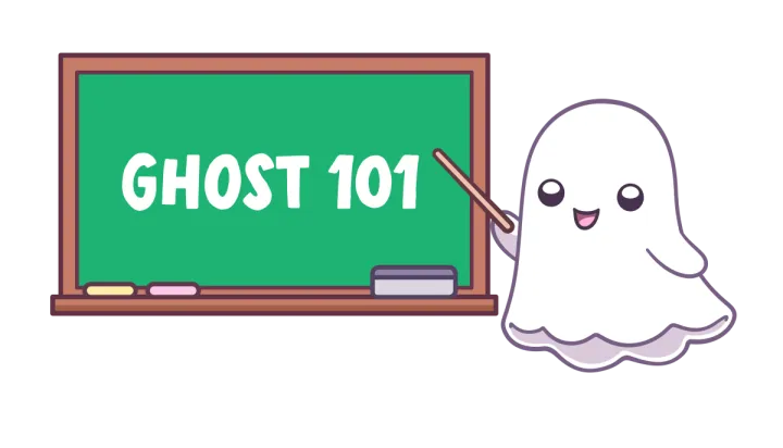 A cartoon ghost with a chalkboard that reads "Ghost 101"