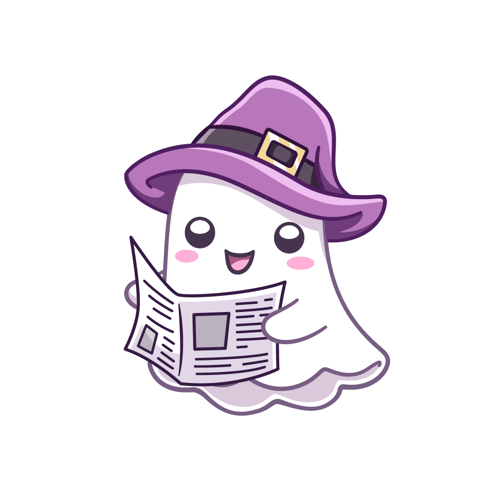 A cartoon ghost with a newspaper